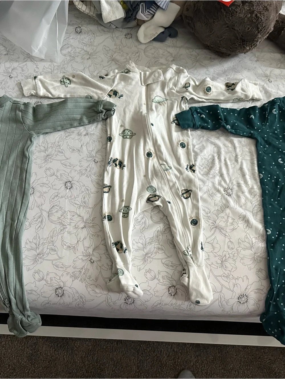Kids Cotton Footed One-Piece Romper - Sage, Teal & Cream - Pack of 3
